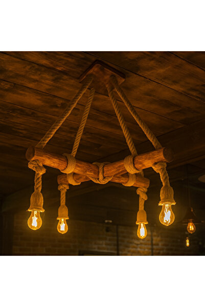 Eyzhen Rustik Halatlı Avize El Yapımı Dekoratif Aydınlatma Kafe Ofis Ev İçin 4 Lü Ahşap Avize