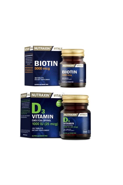 Nutraxin بيوتين 5000 ميكروغرام 30 قرص + فيتامين د3 120 قرص
