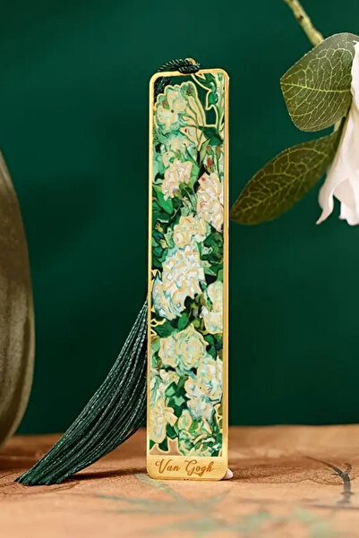 Kolbi Craft مزهرية ورد أبيض فان جوخ مع شراشيب ذهبية اللون، علامة كتب معدنية ف...