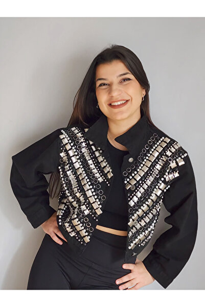 RENGARENG Kadın Tasarım Denim Ceket Taş İşleme Detaylı Siyah Oversize Kot Mont