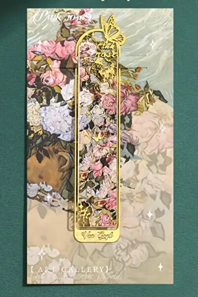 Kolbi Craft Pembe Gül Van Gogh Geçmeli Altın Renk Metal Kitap Ayracı Hediyelik Sanatsal