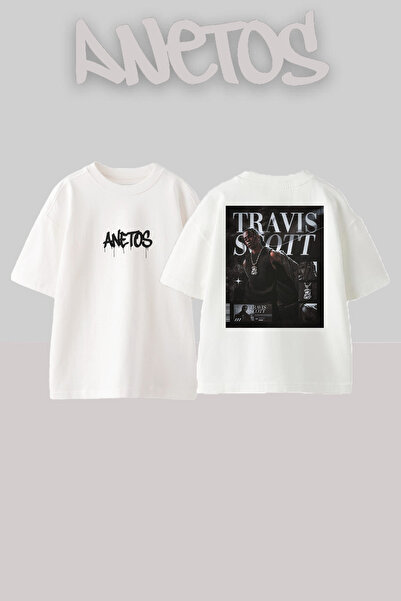Anetos Travis Scott 1 Design Back cu imprimeu Bumbac Alb supradimensionat tricou