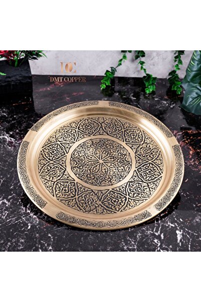 DMT COPPER HOME Dmt Gaziantep Yellow Copper 25 cm Ottoman Handcrafted Presentation Gold Tray Henna Tray 25 cm