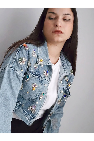 RENGARENG Kadın Tasarım Denim Ceket Renkli Taş ve İşleme Detaylı Crop Fermuar...