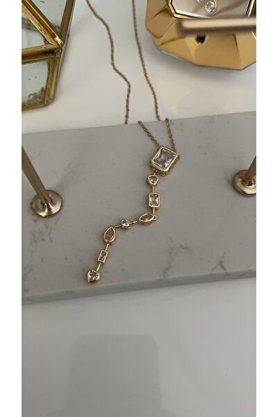 SU PERİSİ TAKI BİJUTERİ Steel Gold Zircon Stone Embellished Y Necklace