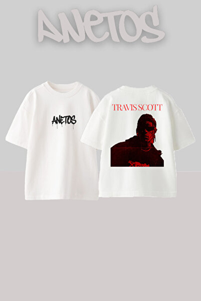 Anetos تي شيرت ترافيس سكوت 8 بتصميم مطبوع على الظهر من القطن الأبيض مقاس كبير
