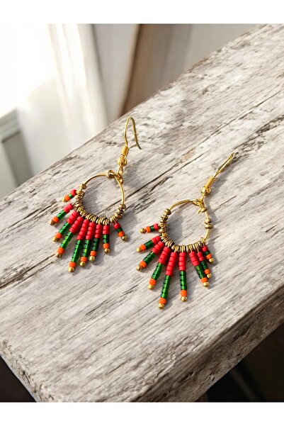 dela otantik Handmade Beaded Bohemian Hoop Earrings – Red-Green and Lilac Color Authentic Ethnic Bijouterie Jewelry
