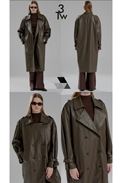 it's basic tw3 deri görünümlü kahve trençkot