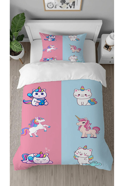 GREENDECOR Unicorn Cat Patterned Digital Printed Special Design Single Style Children's Duvet Cover Set Without Sheets