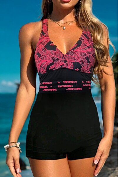 embody Ladies' one-piece swimsuit, modelling effect, with short pants, black/red palms lm052