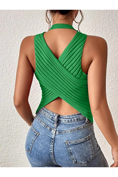 Evyora Bluză de tricotaj cu detaliu încrucișat cu mânecă zero pentru femei