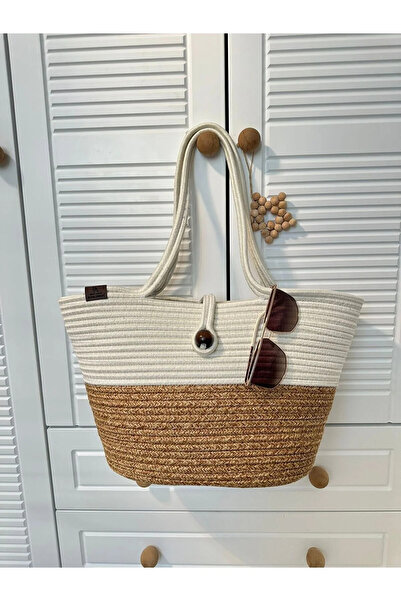Halımax Chest Natural Wicker Jute Hand Knitted Woven White Women's Beach Shoulder Bag with Strap Brown White Jute Bag