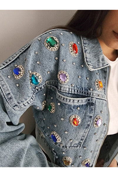 RENGARENG Kadın Tasarım Denim Ceket Renkli Taş ve İşleme Detaylı Crop Fermuar...