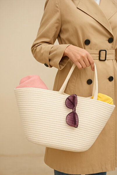 Halımax Chest Natural Wicker Jute Hand Knitted Woven White Women's Beach Shoulder Bag White Jute Bag with Strap