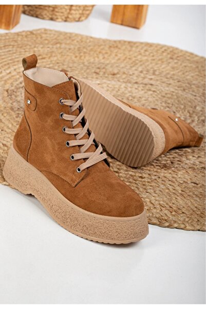 Mc vay Shoes Γυναικείες μπότες 014 Tan Suede με πέτρα με υφή εσωτερικά, κομψές ορθοπεδικές μπότες με κορδόνια και φερμουάρ