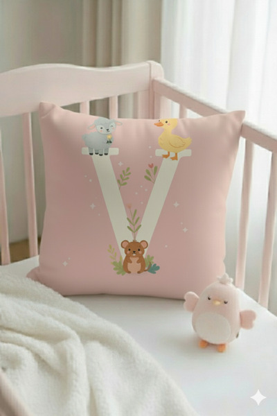 ALAMODECOR Husă pentru pernă pentru cameră pentru fete, cu două fețe, digitală, cu imprimeu de culori roz, litera V
