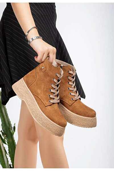 Mc vay Shoes Γυναικείες μπότες 014 Tan Suede με πέτρα με υφή εσωτερικά, κομψές ορθοπεδικές μπότες με κορδόνια και φερμουάρ