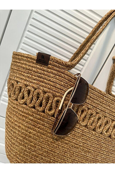 Halımax Chest Natural Wicker Jute Hand Knitted Woven White Women's Beach Shoulder Bag with Strap Brown Bag