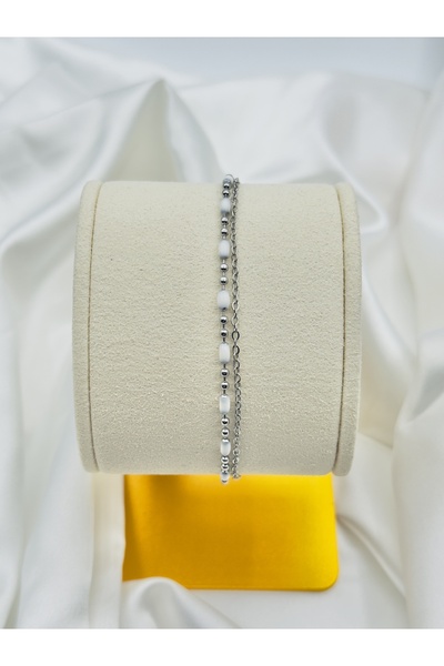 Snartun White Bead Detailed Double Chain Steel Bracelet