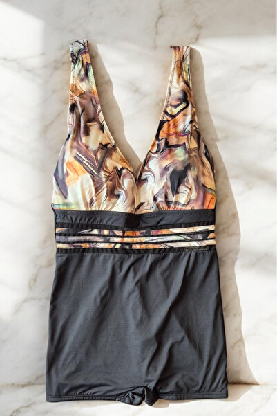 embody Women's one-piece swimsuit, modelling effect, with shorts, black/beige y9126