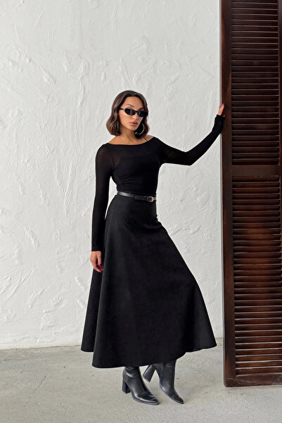 Lusin Fusta neagră de piele de căprioară pentru femei, lungime midi