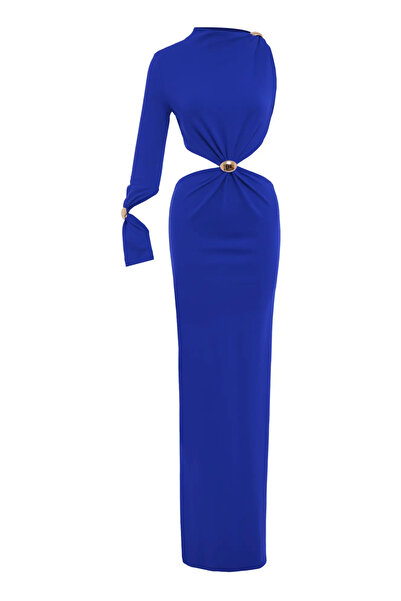 Keikei Saks Mavisi örme Tek Kol Uzun Elbise