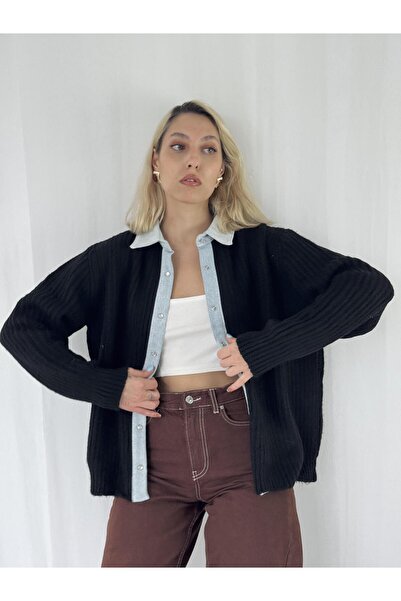 Retrobird Jean Şertli Comfortable Fit Ribbed Cardigan Women's Black