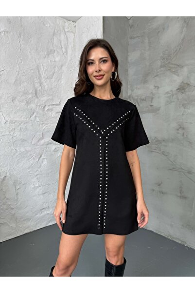 Elif Özbey Butik Siyah Zr Model Zımba Detaylı Süet Elbise