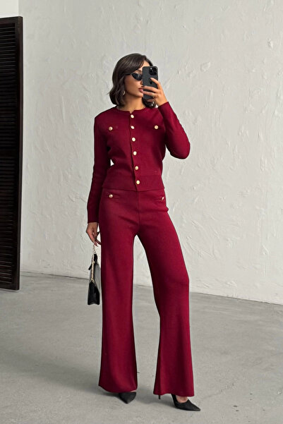 Lusin Women's Burgundy Cardigan Pants Top and Bottom Two-Piece Knitwear Set