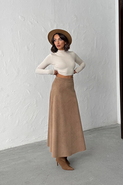 Lusin Woman camel midi length suede skirt