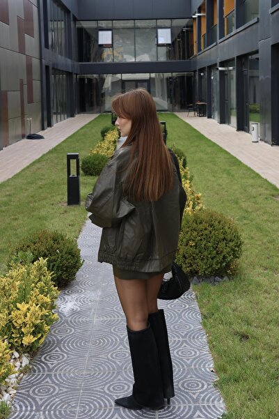 BAŞARAN Δερμάτινο μπουφάν με μεταλλικό κουμπί Χακί