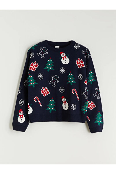 LC Waikiki Pulover pentru fete cu tematică de Anul Nou albastru bleumarin LCW Kids