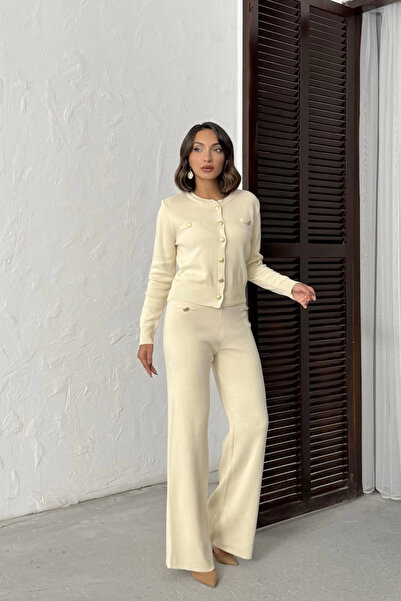 Lusin Women's Cream Cardigan Pants Bottom Top Two-Piece Knitwear Set