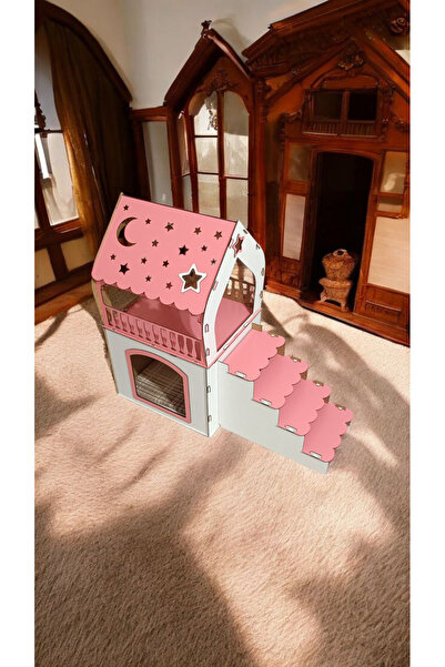 MASTERPOL İsme Özel Ahşap Dekoratif Büyük Köpek Evi Minder Ve Tasma Hediyeli kulübesi oyun ev pembe-beyaz