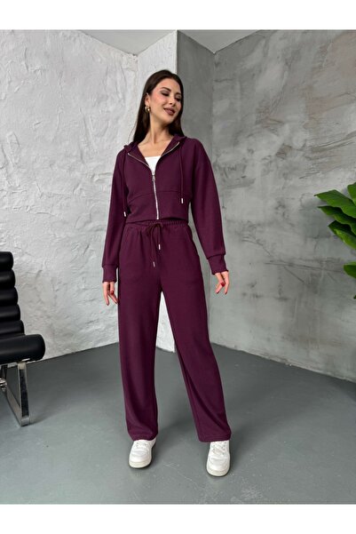 Elif Özbey Butik Σετ Σελανίκη με κουκούλα με φερμουάρ μπροστά σε μούρινο χρώμα