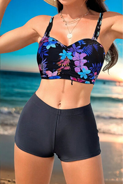 embody 2 piece swimsuit, shorts, bustier bra, black/blue floral 5004