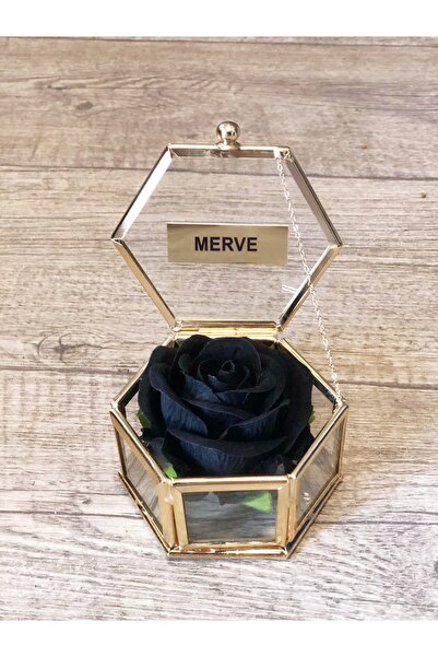 baskıtek İsimli Cam Kutuda Siyah Islak Yapay Gül, sevgiliye hediye, doğum gün...