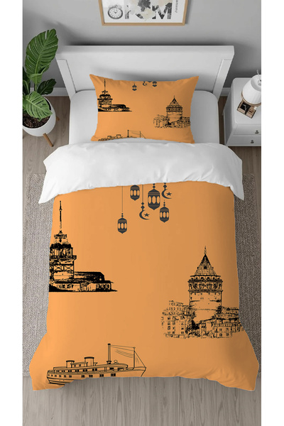 GREENDECOR Istanbul Maiden's Tower Galata Patterned Printed Special Design Single Stylish Duvet Cover Set Without Sheets