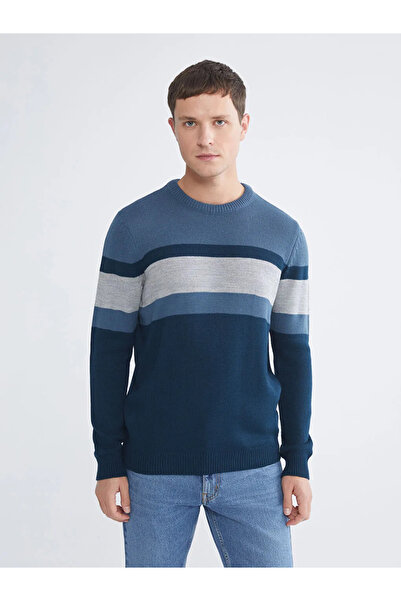 LC Waikiki Ανδρικό πλεκτό πουλόβερ με μακρύ μανίκι LCWAIKIKI Classic Indigo αντίθεση χρωμάτων