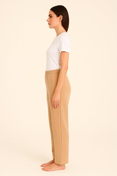 LinaByUgurr Beige Fleece Pajama Bottoms Women's Thick Winter Anti-Pilling Pocketless Elastic Warm Soft and Comfortable Pajamas