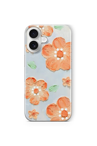 FLAMENKO iPhone 17 Uyumlu Turuncu Çiçek Yağlıboya Desenli Şeffaf Telefon Kılıfı
