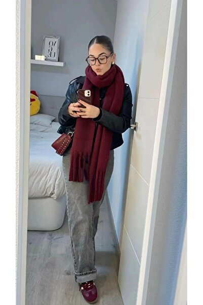 ALLURİNG Premium Unisex Buklet Soft Textured Tasseled Women's Scarf Shawl Shoulder Wrap Claret Red