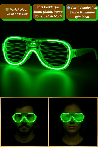 Tamsena Store 3 Mod Işıklı Yeşil LED Işıklı Unisex Parti Gözlüğü | Neon Glow ...