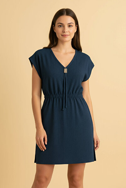 evolise Women's Navy Blue Side Slit Buckle V-Neck Mini Beach Dress