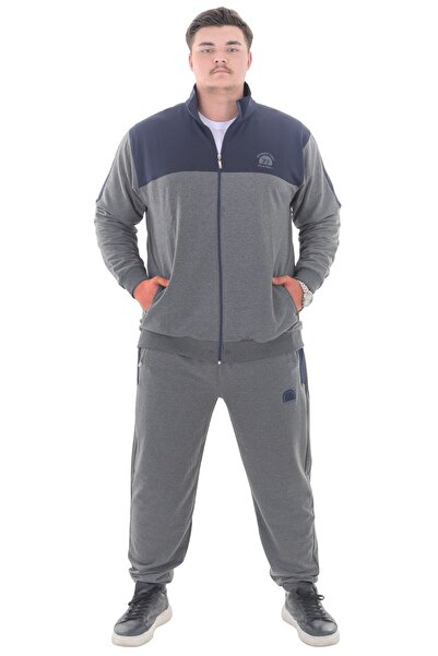 marufshop Men's Plus Size Suitable for up to 154 Kilos Size 2 Thread Stand Collar Zipper Tracksuit Set