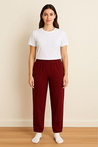 LinaByUgurr Burgundy Fleece Pajama Bottoms Women's Thick Winter Anti-Pilling Pocketless Elastic Warm Soft and Comfortable Pajamas