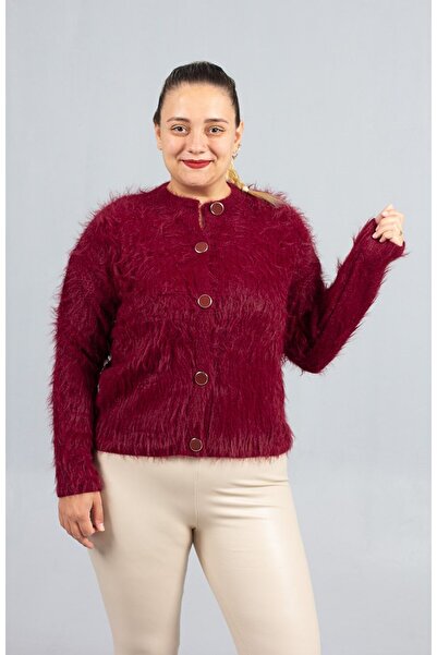 Truva XXL Burgundy Bearded Knitwear Cardigan – Soft Textured Women's Cardigan