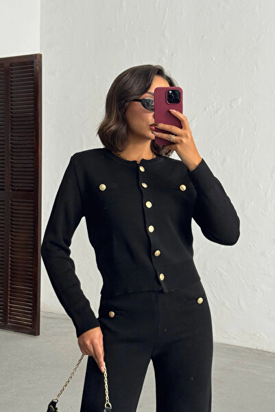 Lusin Women's Black Cardigan Pants Bottom Top Two-Piece Knitwear Set