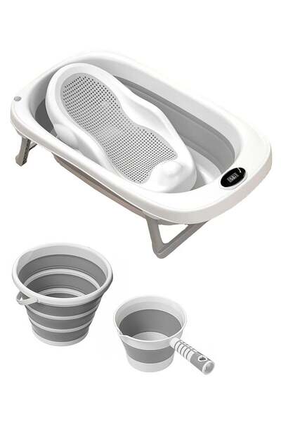 RENOVO 4 In 1 Newborn Toddler Foldable Bathtub with Silicone Baby Bather, Collapsible Bucket and Fol