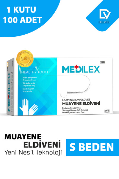 EMORFOHOME Medilex Pudrasız Muayene Mavi S Beden Eldiven 100’lü Medikal Muaye...